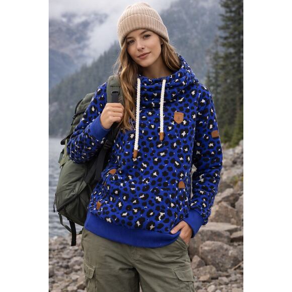 Wanakome Tops - *SOLD* Wanakome Leopard Print Hoodie Blue Black Cozy Fleece Lined XL Gorpcore